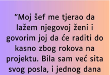 “Sef me tjerao da lazem njegovoj zeni da ostaje duze na poslu, a onda jedan dan sam se slomila…”