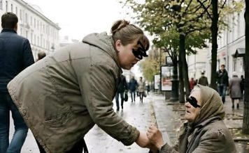 Žena je svakog dana ostavljala malo sitnine starici, ali jednog dana, dok se saginjala da joj baci novčić, starica joj je uhvatila ruku i rekla: „Učinili ste mi toliko dobra… nemojte danas ići kući.“