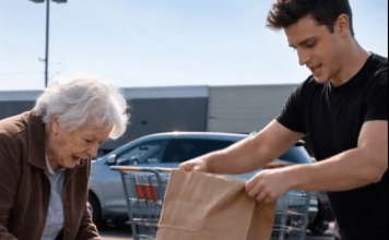 “Na parkiralištu supermarketa, mladić je otkinuo kesu sa namirnicama iz ruku starije žene i sve izbacio na zemlju, a zatim napao starog čoveka koji je jednostavno pokušavao da je odbrani; ali mladić nije mogao ni da zamisli šta će mu se desiti samo nekoliko sekundi kasnije.”